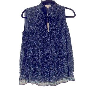 Max Studio Navy Blue Tiny Flower Print Pleated Tank with Neck Tie Entry